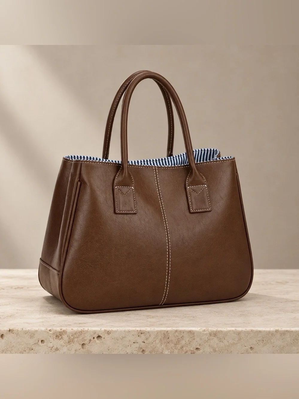 Brown NWOT Faux-Leather Tote w/Blue & White Striped Lining Zip & Pockets